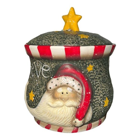 Huntington Hand painted ceramic Santa "Believe" holiday treat jar with glitter s - Picture 5 of 5